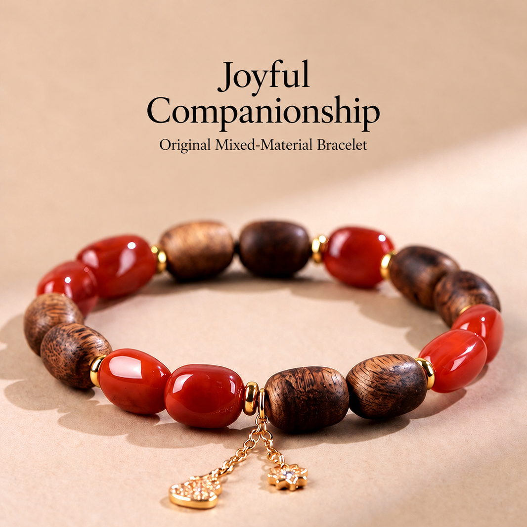 Joyful Companionship red agate and agarwood bracelet with English product text