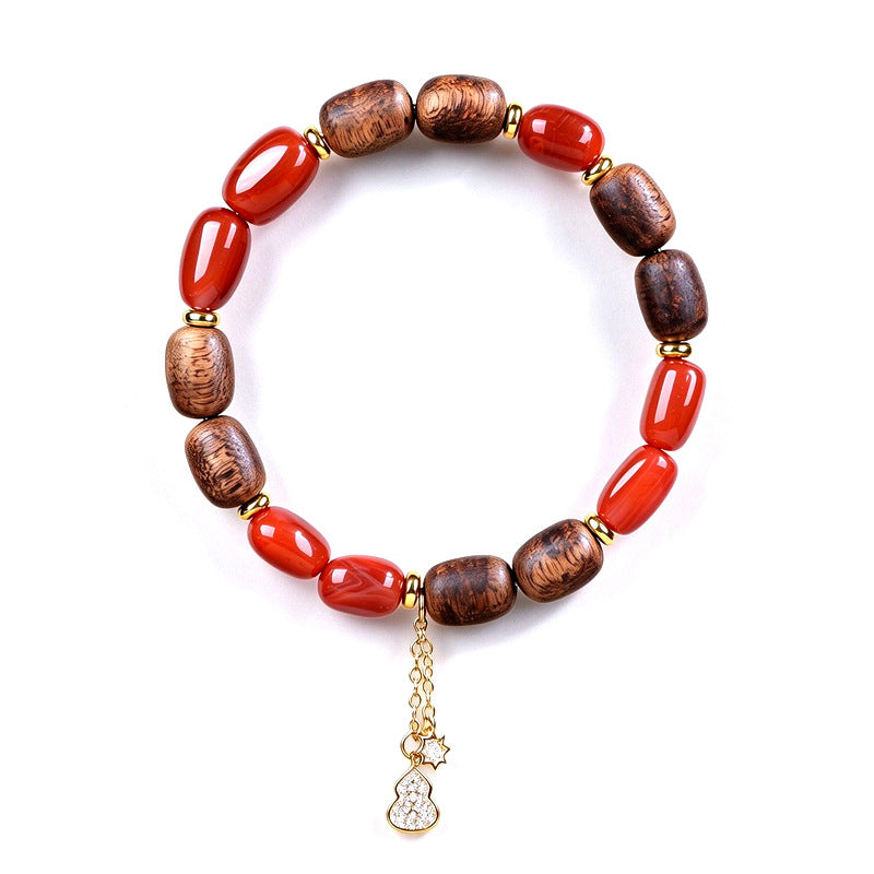 Original complete bracelet with red agate wood barrel beads star and gourd charms