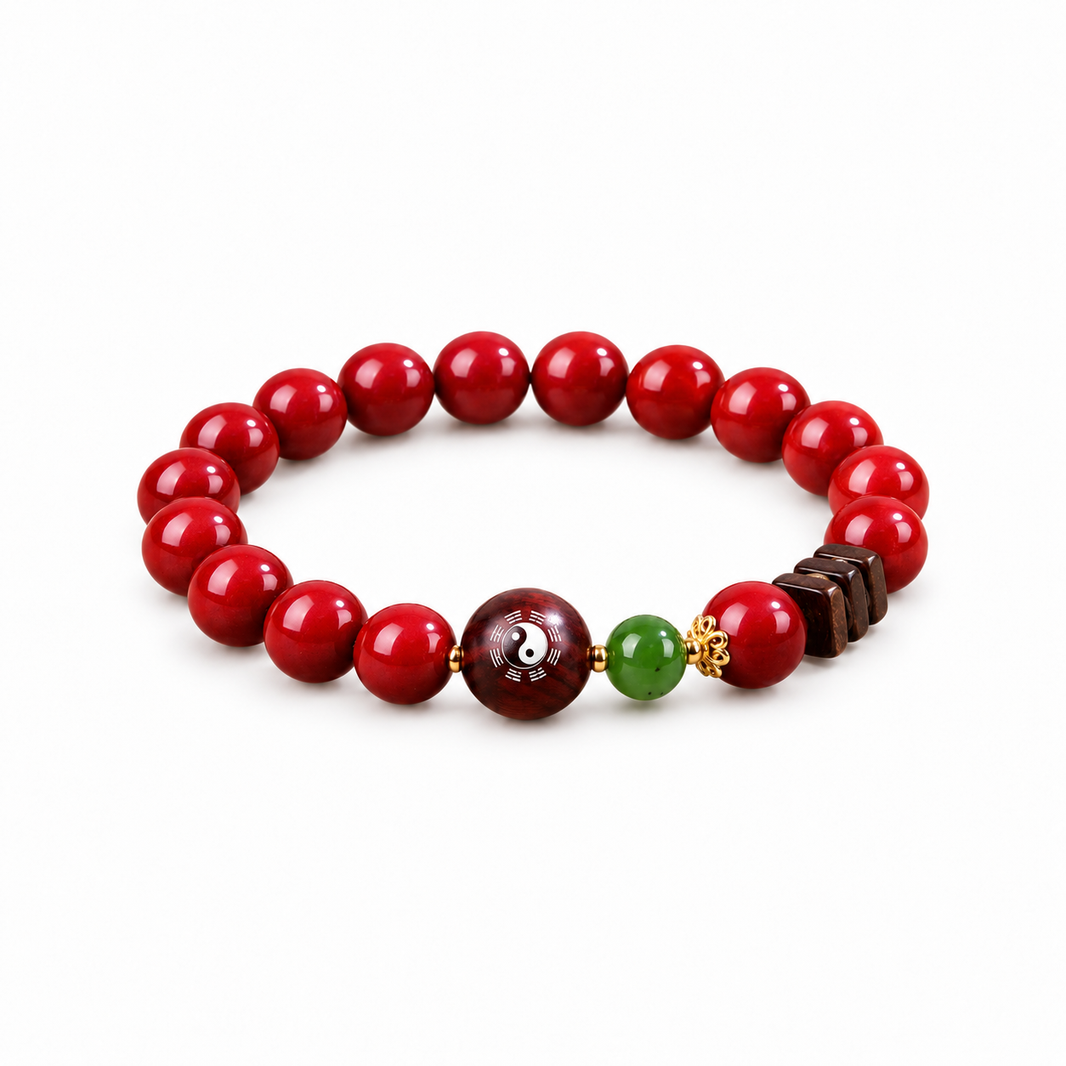 Cinnabar and Hetian jade yin-yang bracelet on white