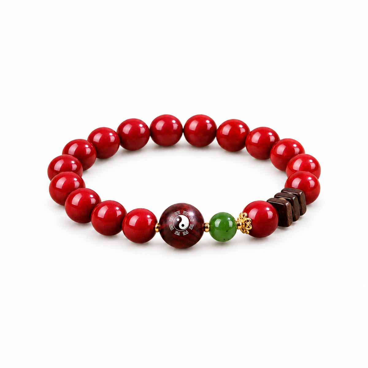 Cinnabar and Hetian jade yin-yang bracelet on white