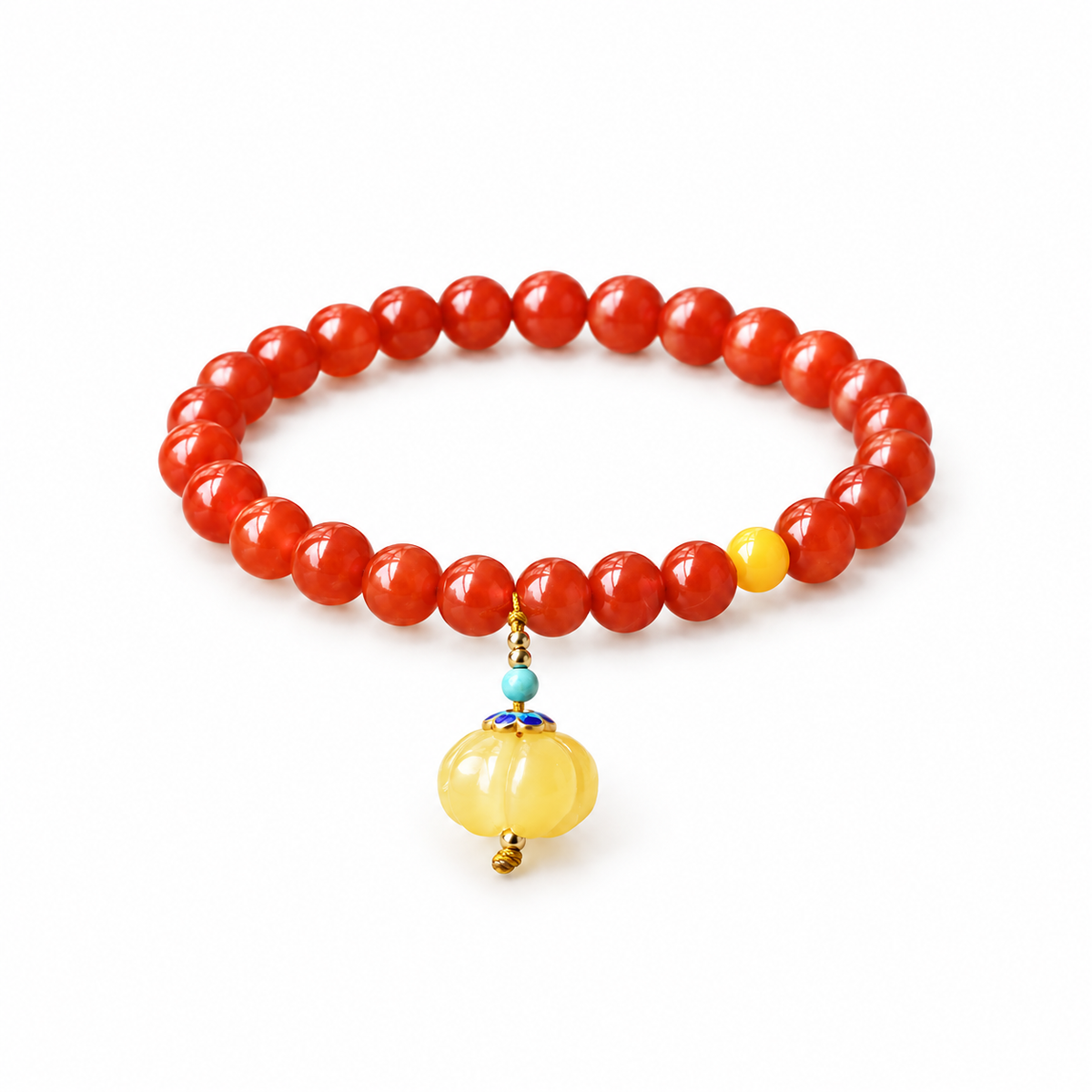 Nanhong red agate bracelet with yellow amber pumpkin charm on white background
