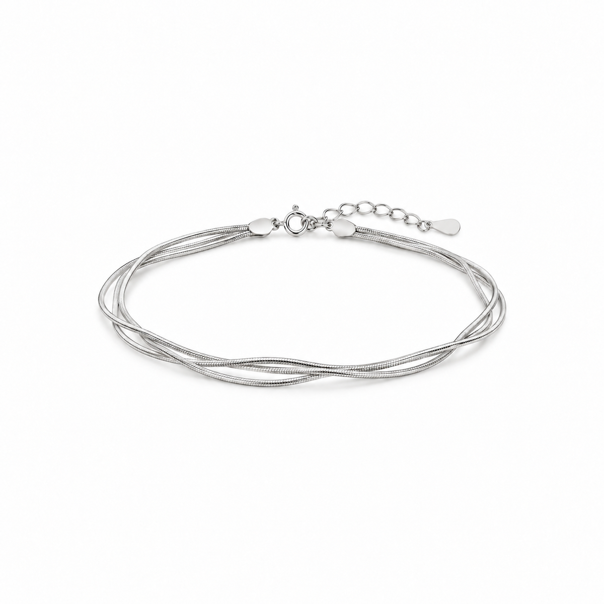 Triple-strand sterling silver snake chain bracelet on white background