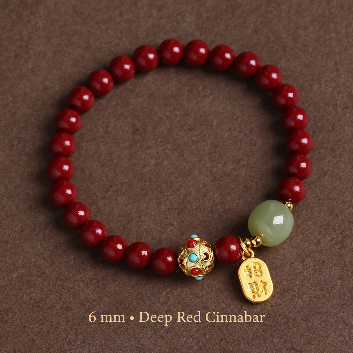 Deep Red cinnabar bracelet with 6 mm red beads and gold-tone charm