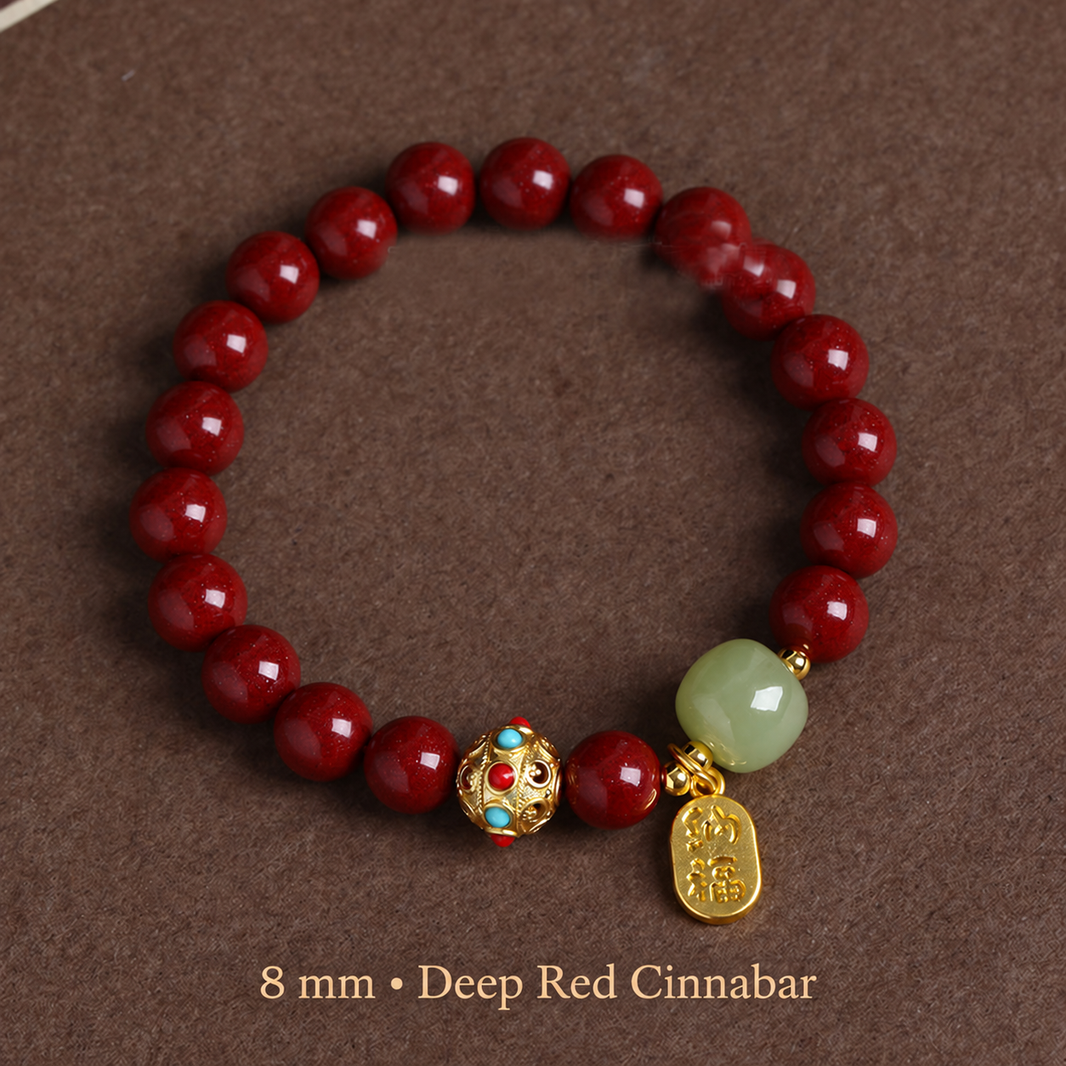 Deep Red cinnabar bracelet with 8 mm red beads and gold-tone charm