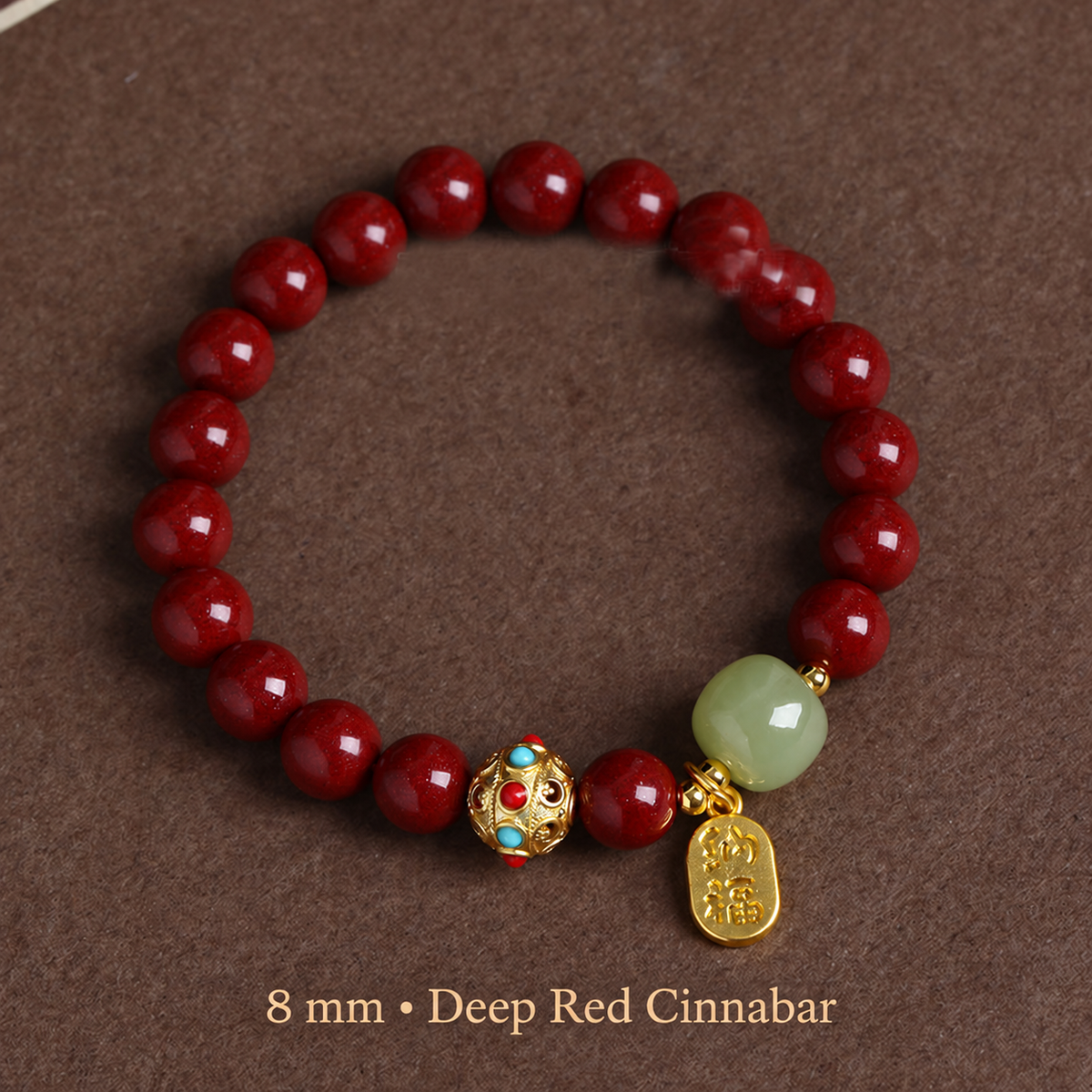 Deep Red cinnabar bracelet with 8 mm red beads and gold-tone charm