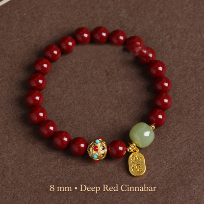 Deep Red cinnabar bracelet with 8 mm red beads and gold-tone charm