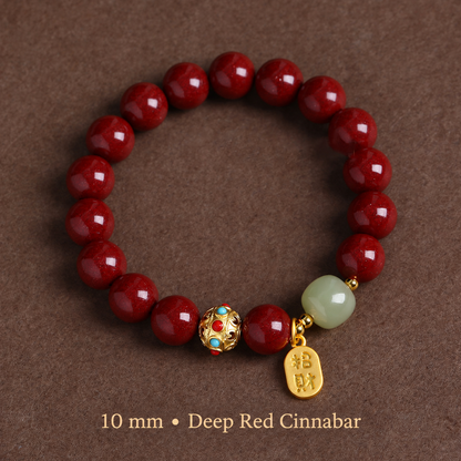 Deep Red cinnabar bracelet with 10 mm red beads and gold-tone charm
