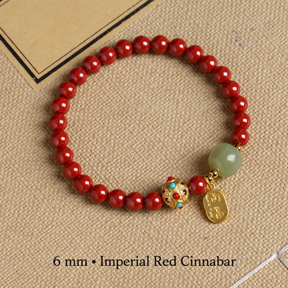 Imperial Red cinnabar bracelet with 6 mm red beads and gold-tone charm