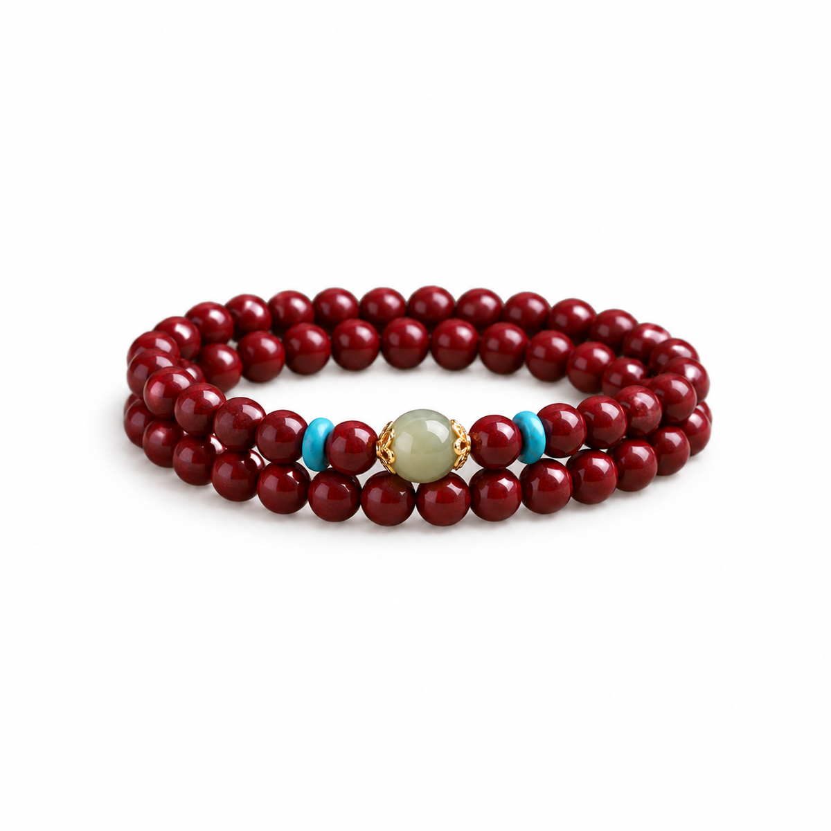 Burgundy cinnabar and Hetian jade double-wrap bracelet on white