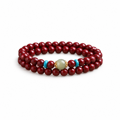 Burgundy cinnabar and Hetian jade double-wrap bracelet on white