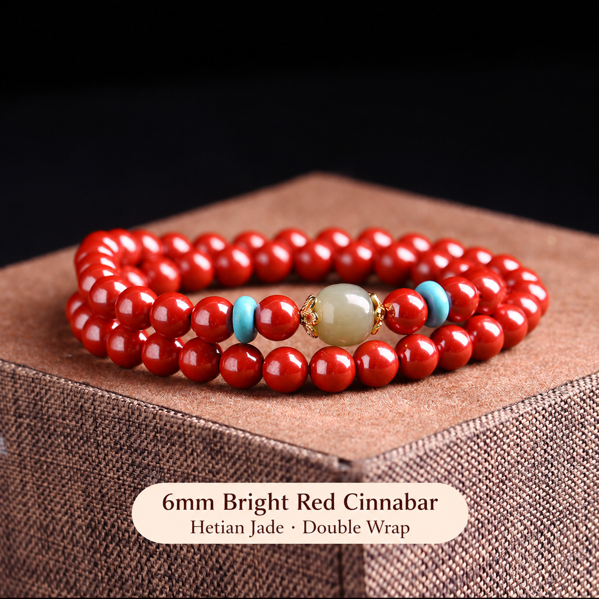 6mm bright red cinnabar and Hetian jade double-wrap bracelet