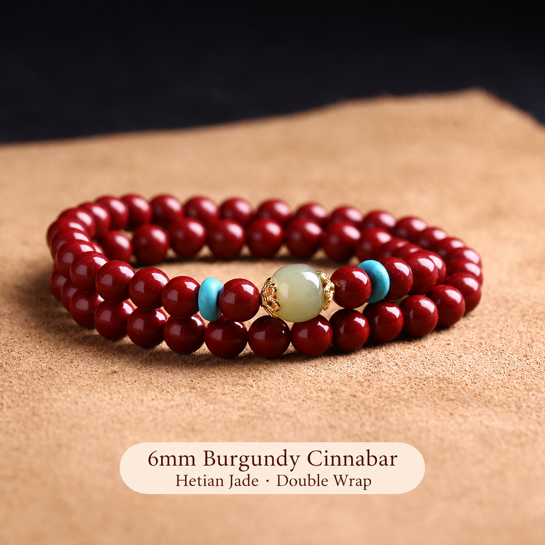 6mm burgundy cinnabar and Hetian jade double-wrap bracelet