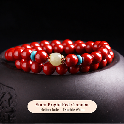 8mm bright red cinnabar and Hetian jade double-wrap bracelet