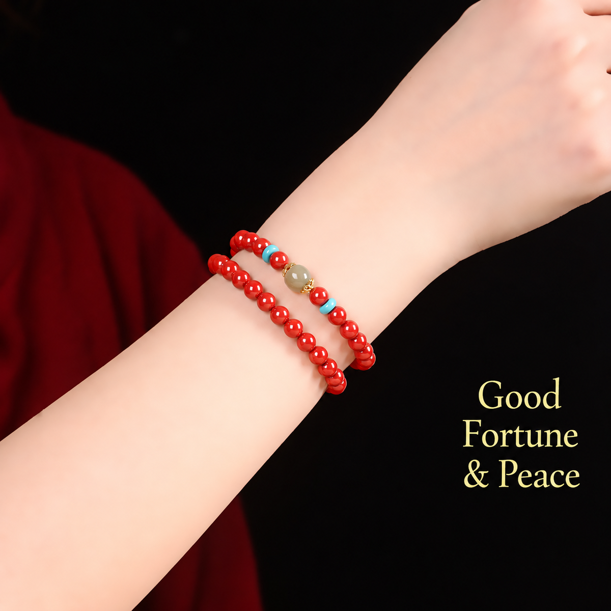 Bright red cinnabar bracelet worn on wrist – good fortune and peace