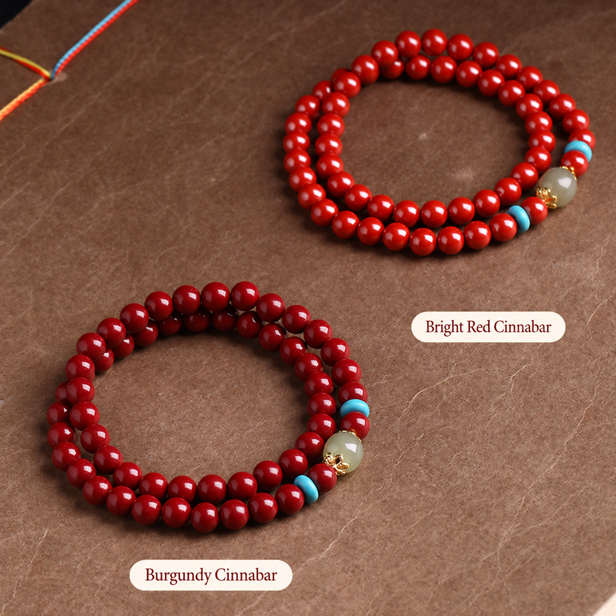 Bright red and burgundy cinnabar bracelet color comparison