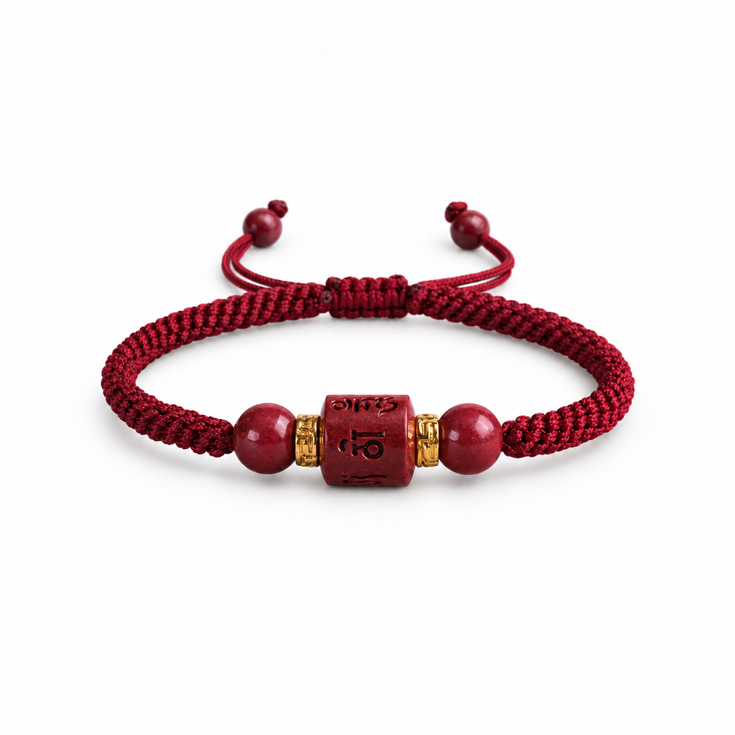 Burgundy braided cord bracelet with engraved red cinnabar barrel on white