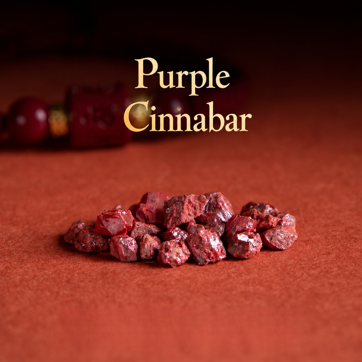 Purple cinnabar material display with engraved bracelet in the background