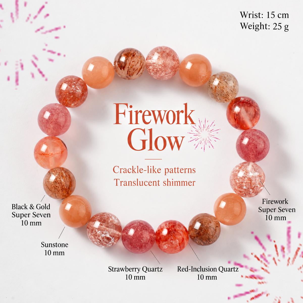 10 mm mixed gemstone bracelet with material labels and 15 cm wrist reference