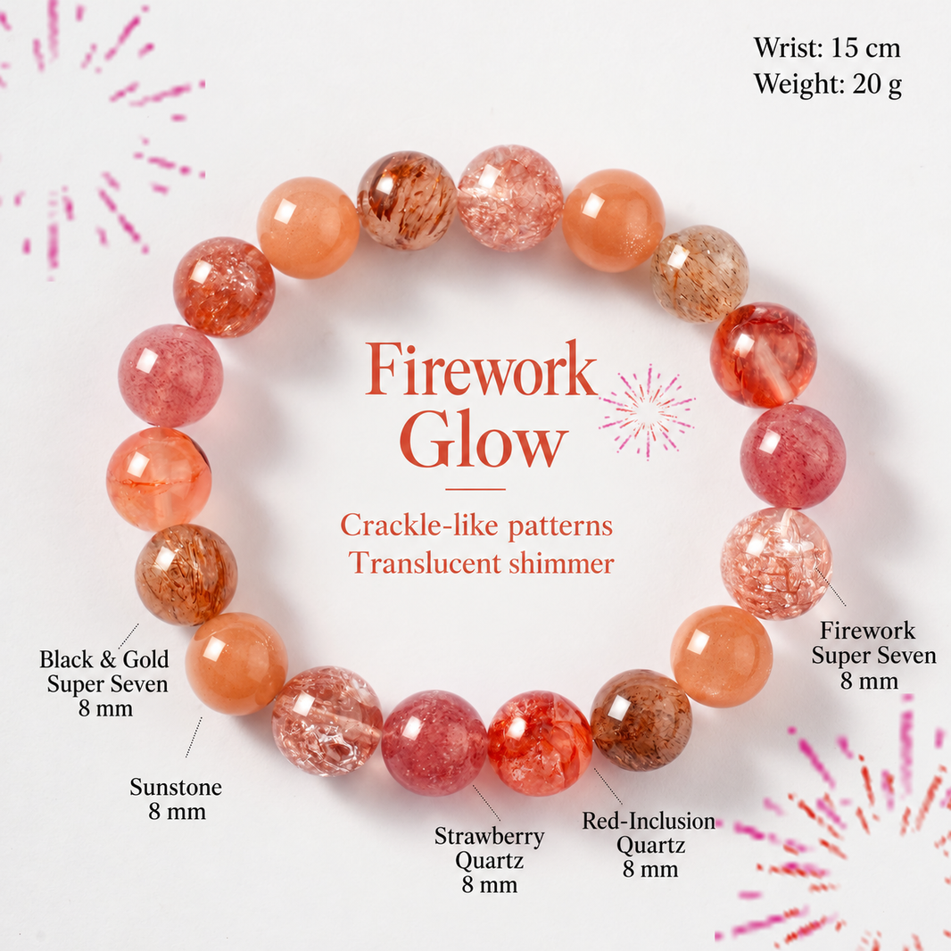 8 mm mixed gemstone bracelet with material labels and 15 cm wrist reference