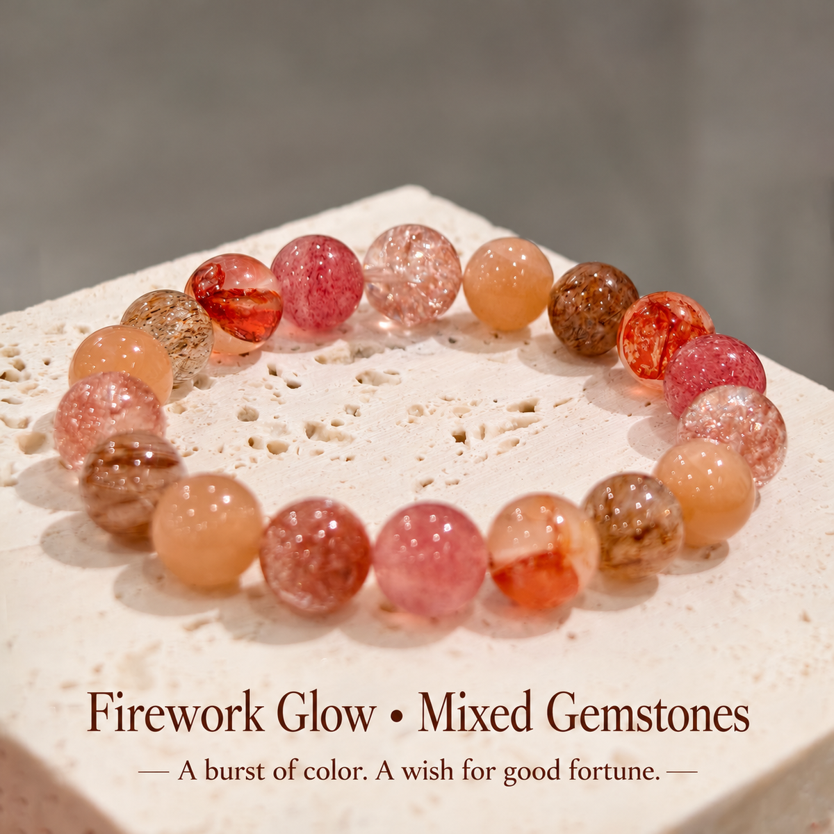 Firework Glow mixed gemstone bracelet on a stone display