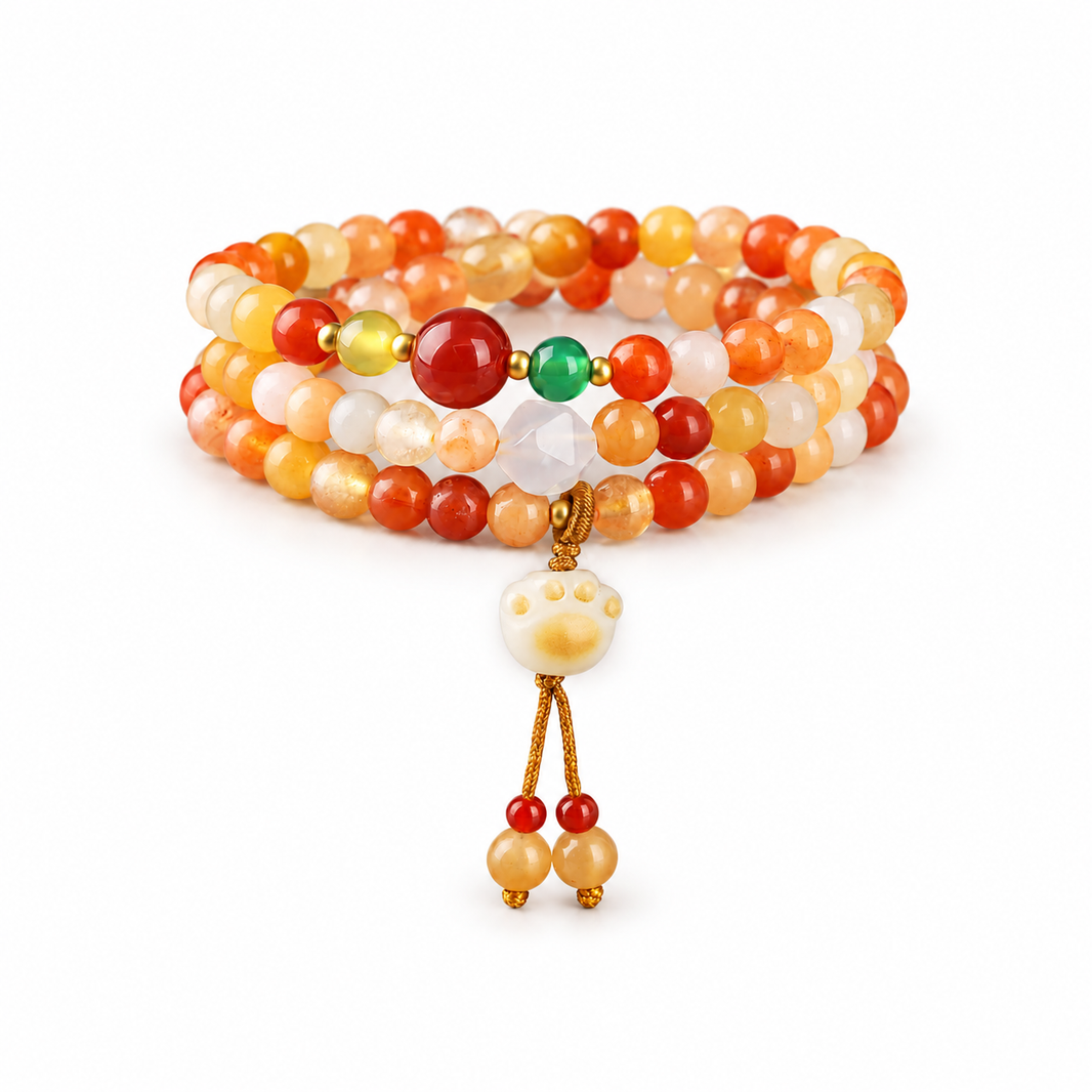 Golden mixed stone triple-wrap bracelet with cat paw charm on white background