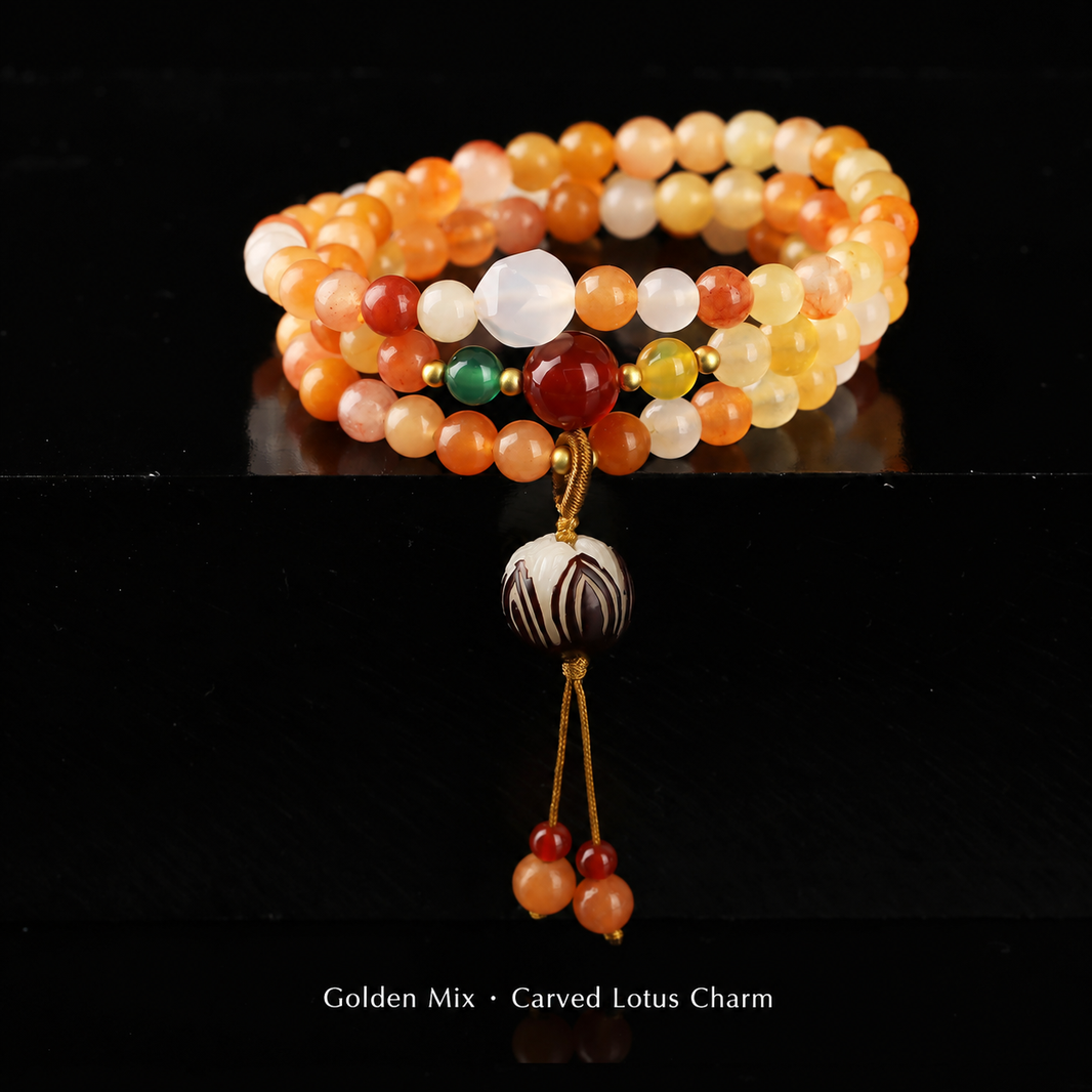 Golden Mix · Carved Lotus Charm stone wrap bracelet, approximately 6 mm beads