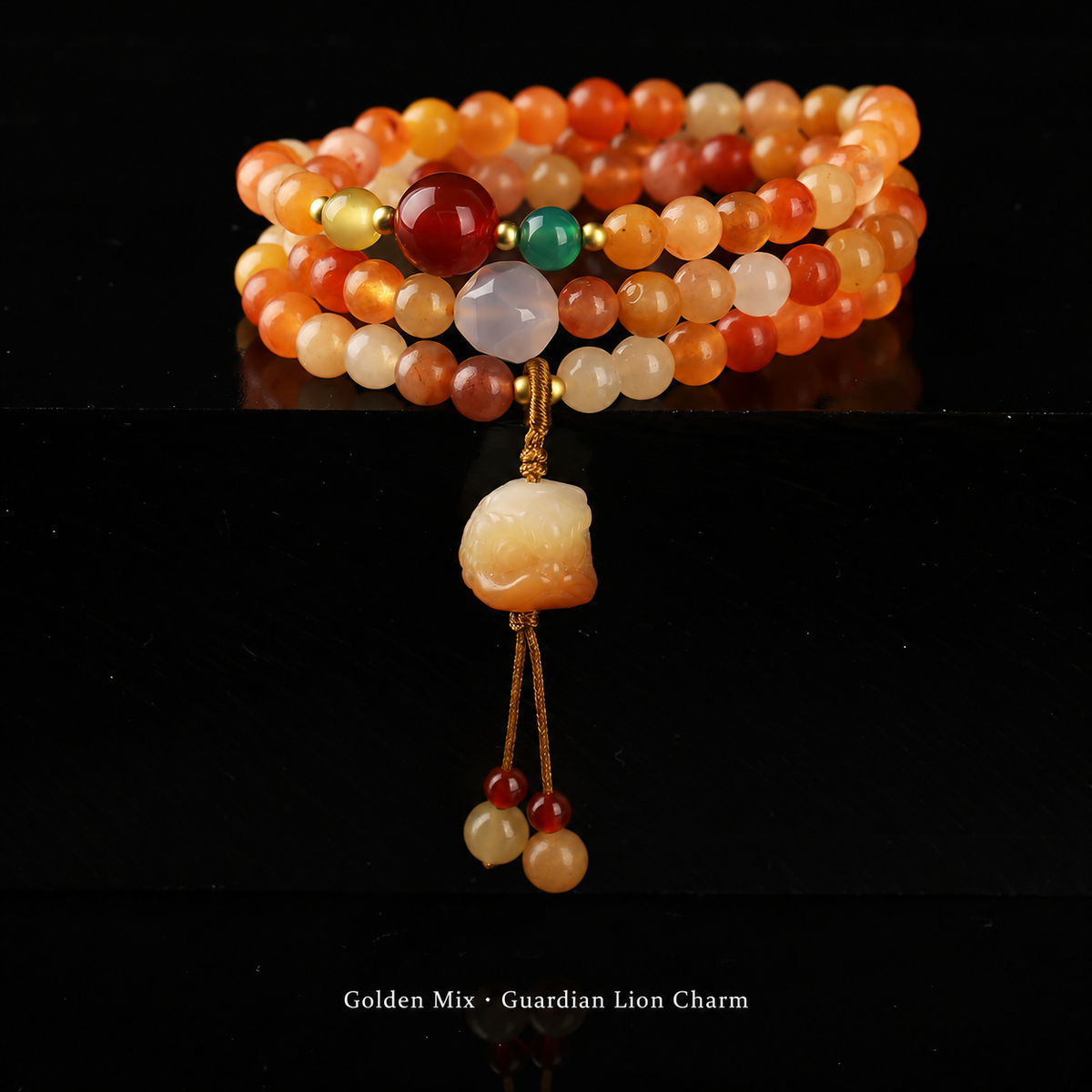 Golden Mix · Guardian Lion Charm stone wrap bracelet, approximately 6 mm beads