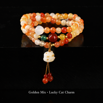 Golden Mix · Lucky Cat Charm stone wrap bracelet, approximately 6 mm beads