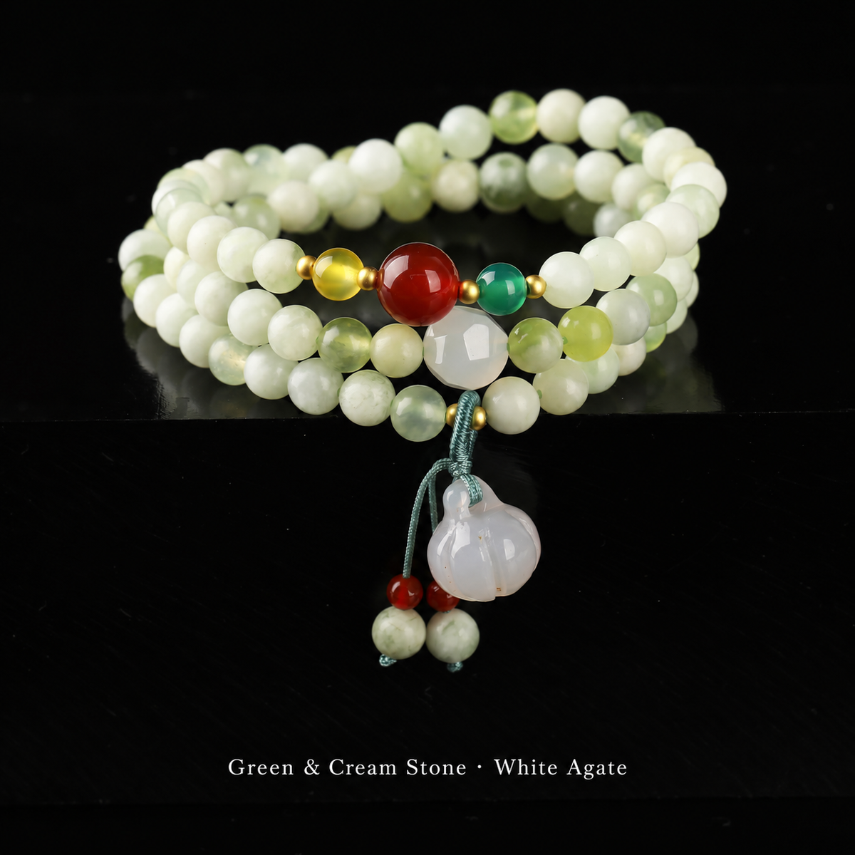 Green & Cream · Agate Pumpkin stone wrap bracelet, approximately 6 mm beads