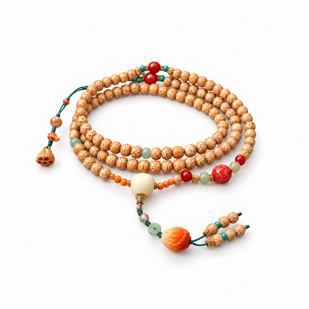 Star and Moon Bodhi wrap bracelet with Buddha's Hand pendant on white