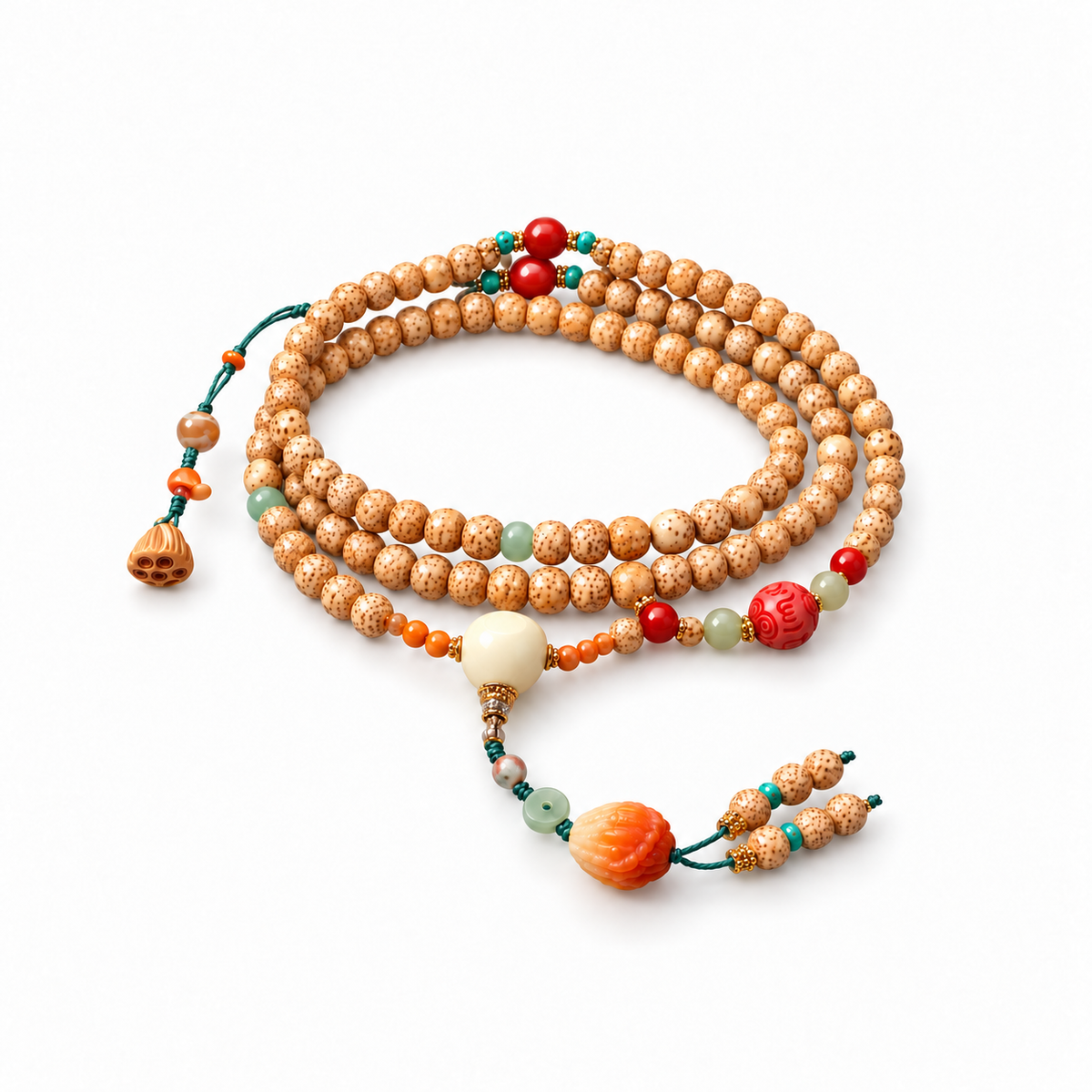 Star and Moon Bodhi wrap bracelet with Buddha's Hand pendant on white