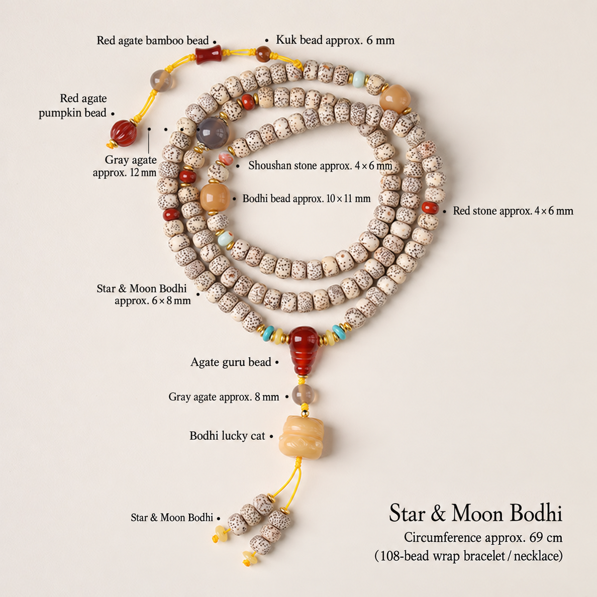 Classic Bodhi seeds and lucky cat, approximately 6 by 8 mm, 69 cm strand