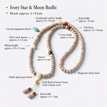 Ivory Bodhi seed strand with labeled accessory materials