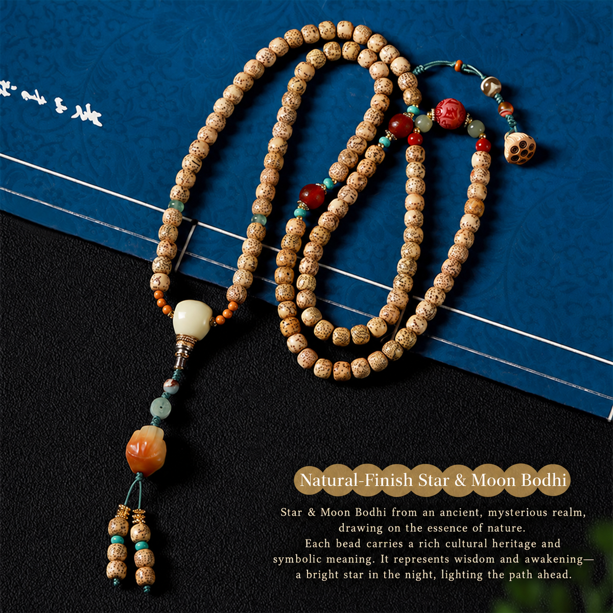 Star and Moon Bodhi strand with traditional symbolic description