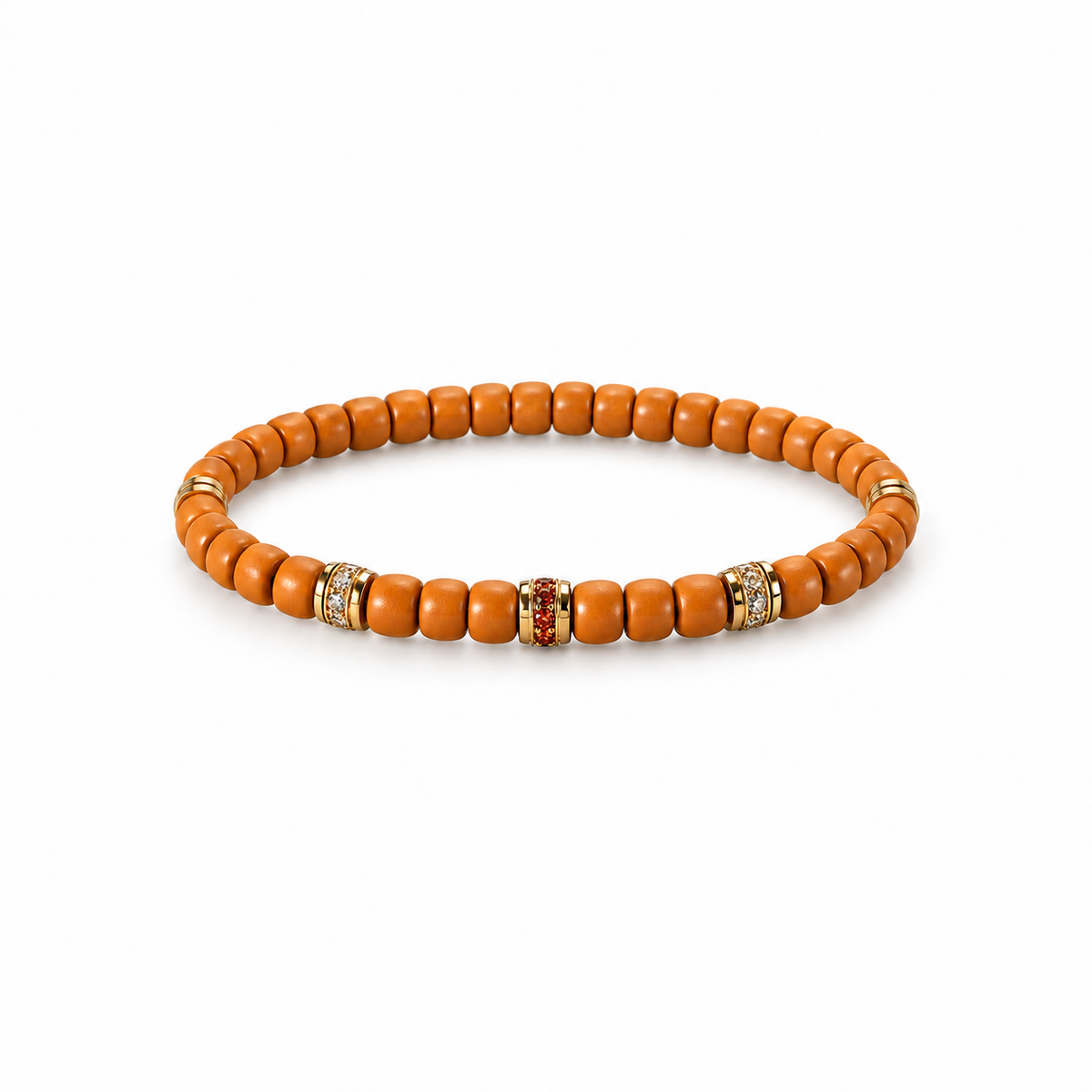 Olive pit bead bracelet with gold-tone colorful decorative spacers on white
