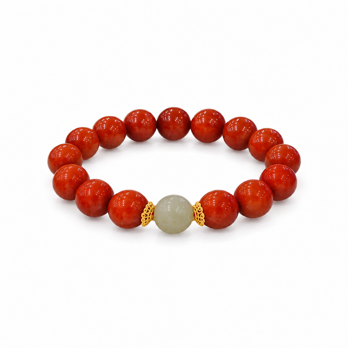 Nanhong red agate bracelet with a pale Hetian jade center bead and gold-tone caps on white
