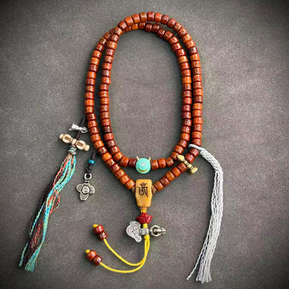 Tibetan-style yak bone mala, 02 - Multicolor & White Tassels