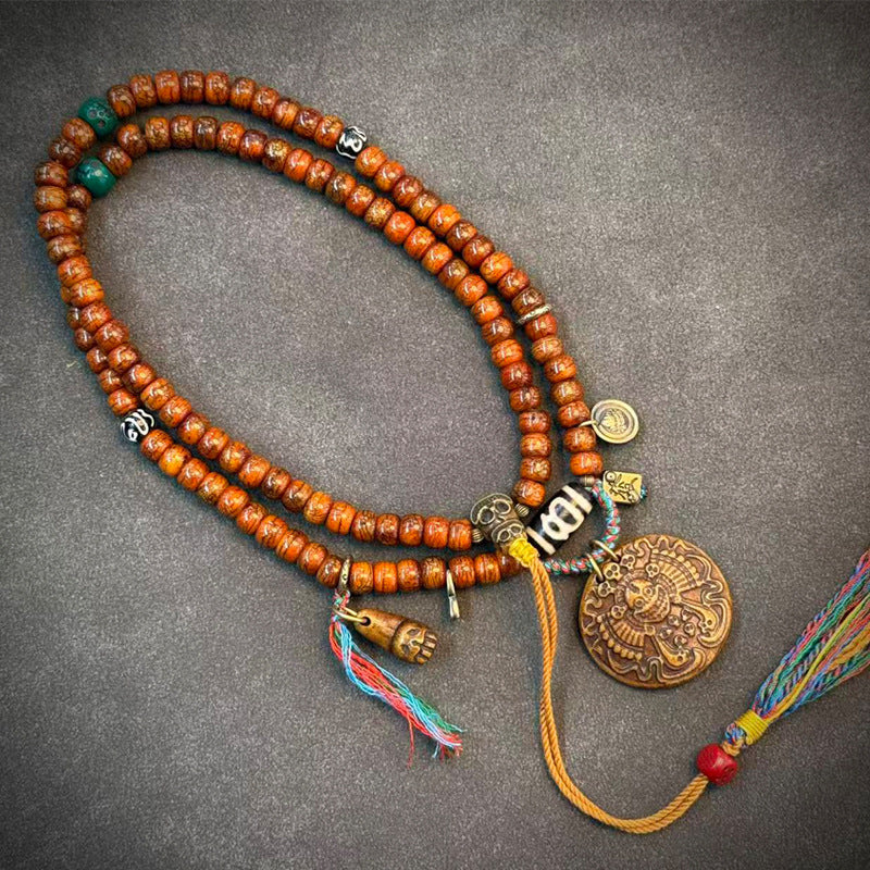 Tibetan-style yak bone mala, 07 - Round Bronze-Tone Pendant