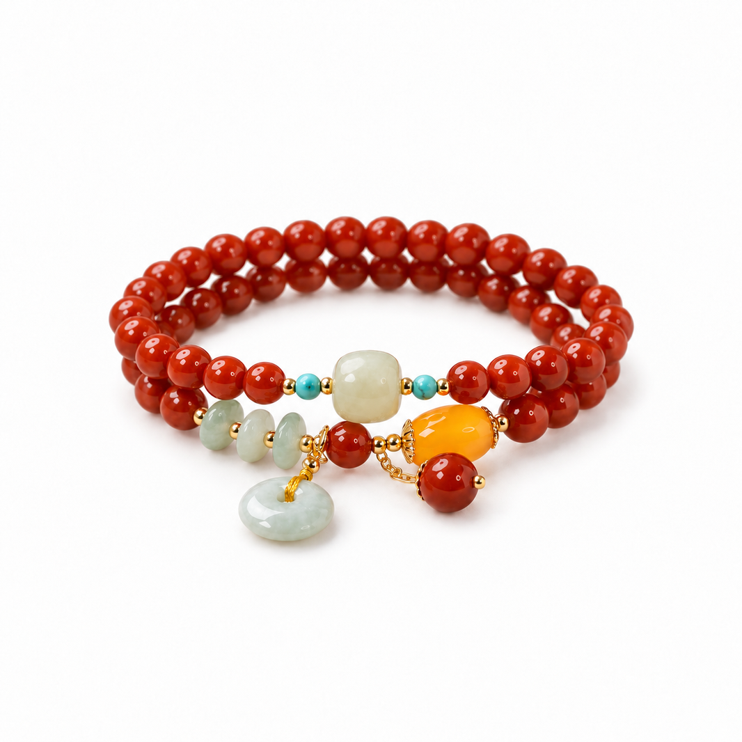 Red agate double-wrap bracelet with peace disc charm on white