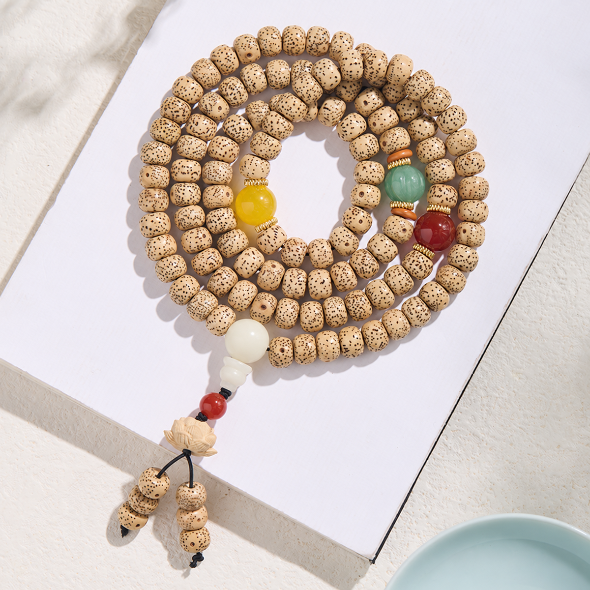 Lotus Reflection Star and Moon Bodhi seed strand, complete design with its original accents