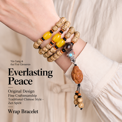 Everlasting Peace golden bodhi seed strand worn as a wrap bracelet