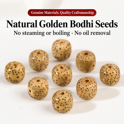 Close-up of golden speckled bodhi seed beads and English processing description
