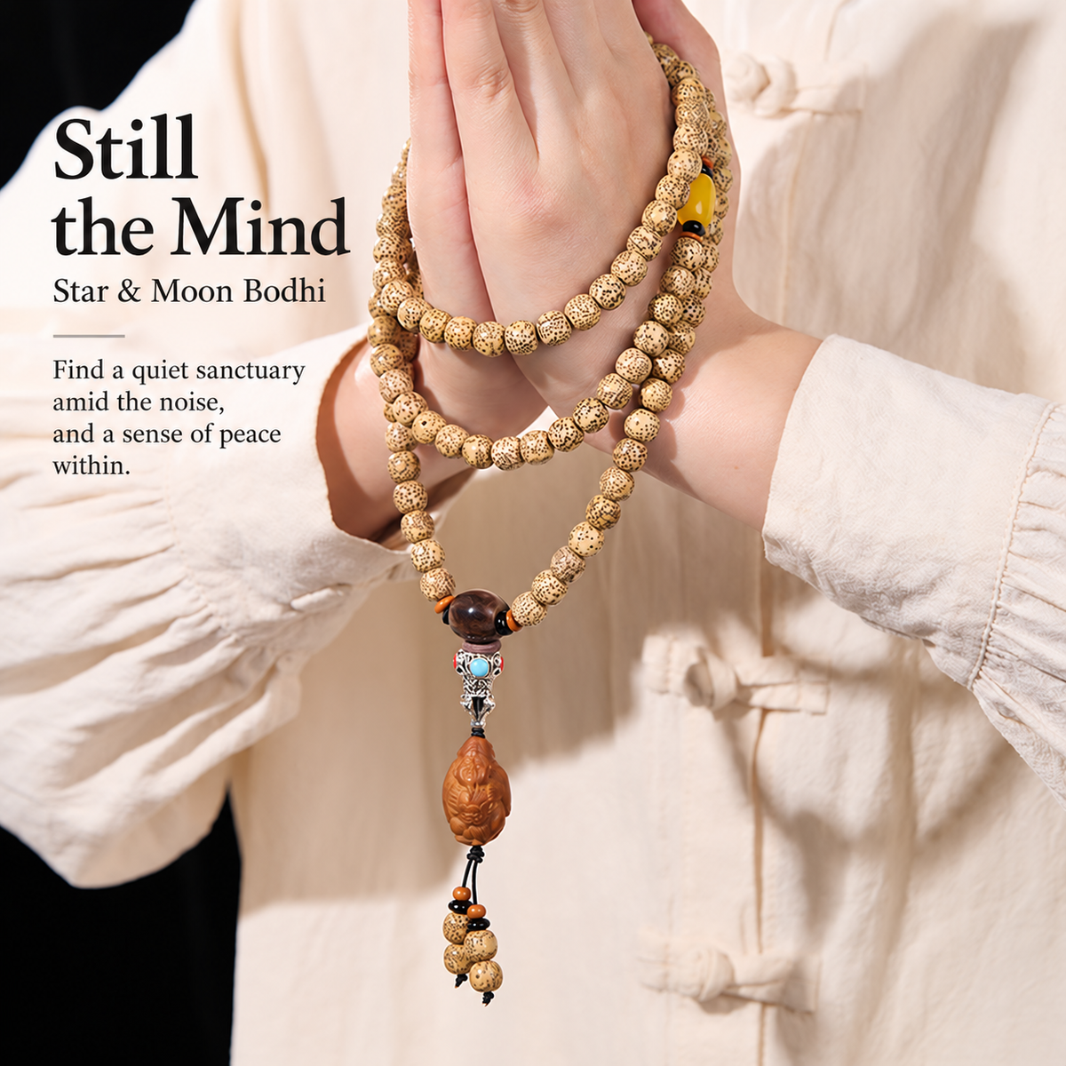 Golden Star and Moon Bodhi strand held in hands with English reflection text