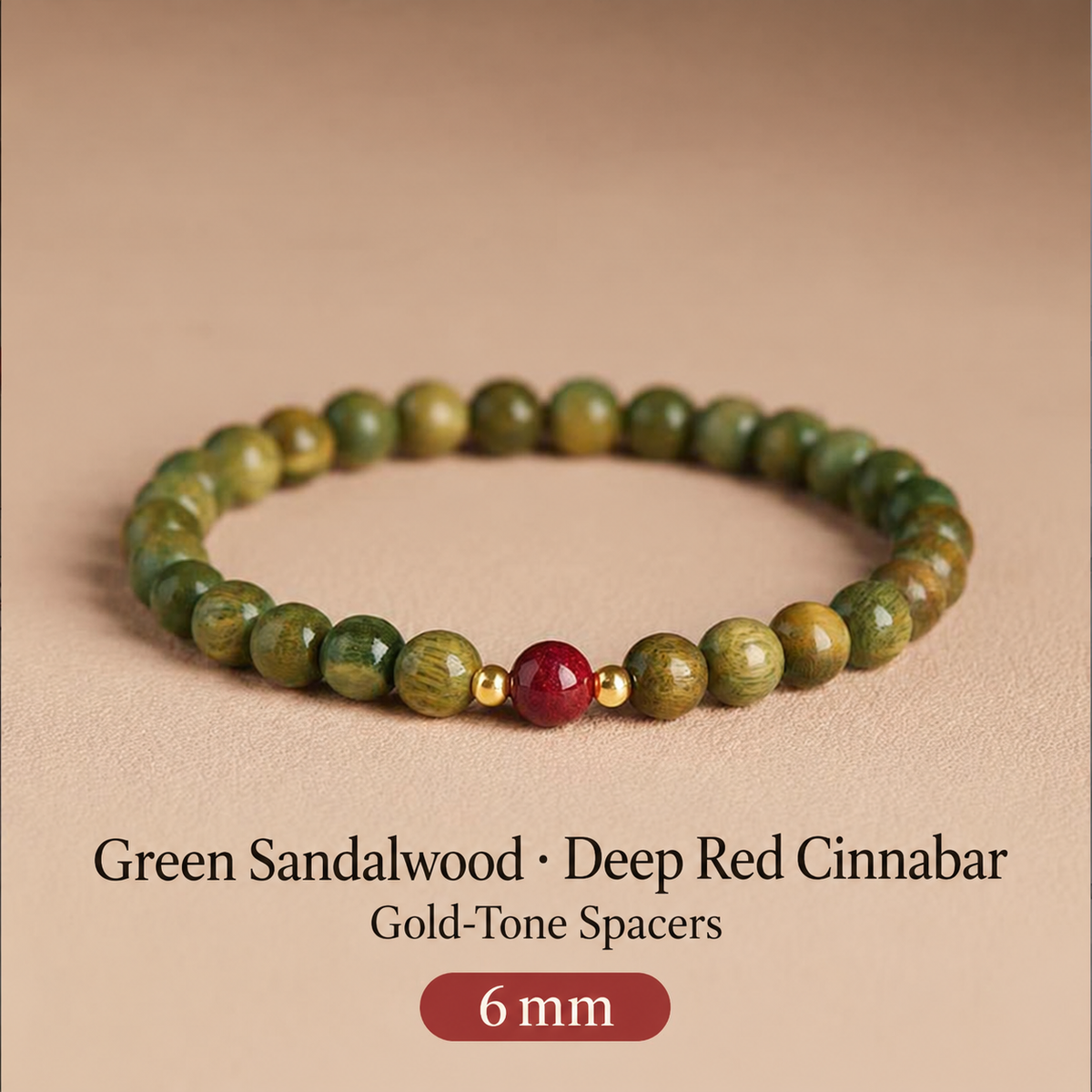 Green sandalwood bracelet: Deep Red Cinnabar, 6 mm
