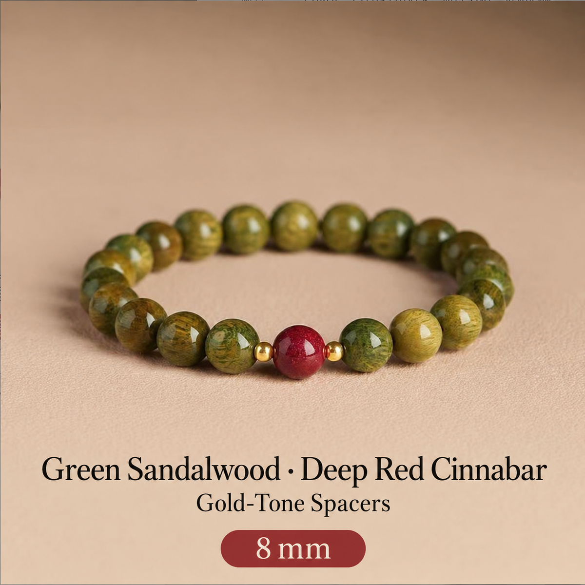 Green sandalwood bracelet: Deep Red Cinnabar, 8 mm
