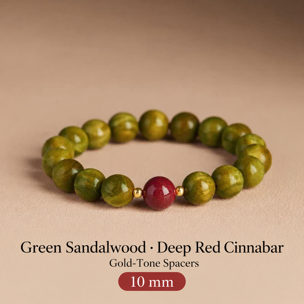 Green sandalwood bracelet: Deep Red Cinnabar, 10 mm