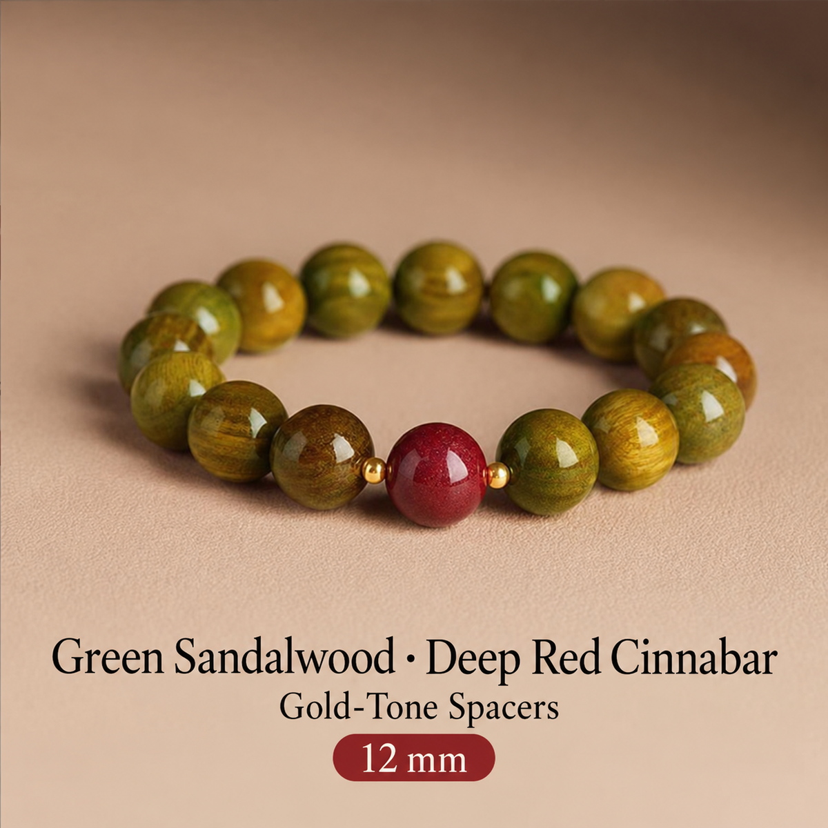 Green sandalwood bracelet: Deep Red Cinnabar, 12 mm