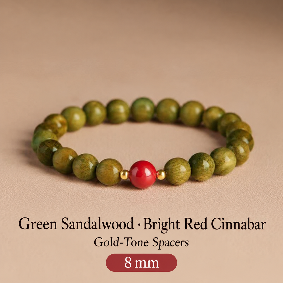 Green sandalwood bracelet: Bright Red Cinnabar, 8 mm