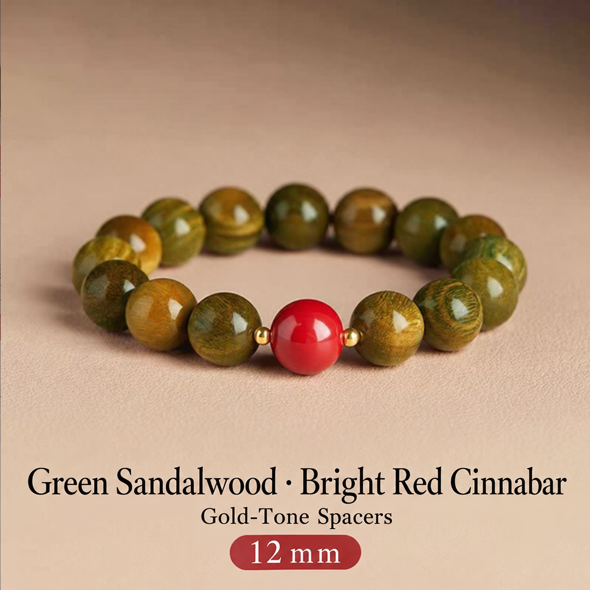 Green sandalwood bracelet: Bright Red Cinnabar, 12 mm