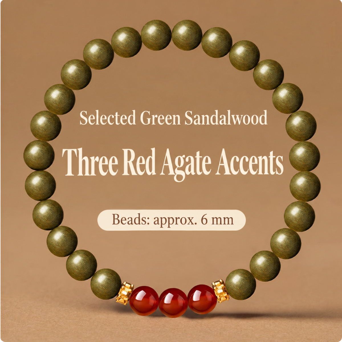 Green sandalwood bracelet: Three Red Agates, 6 mm
